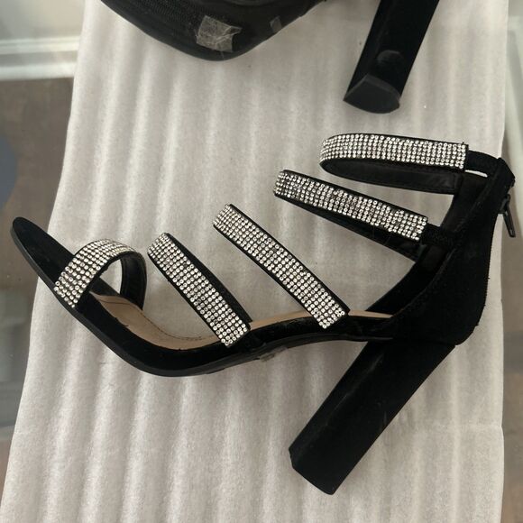 Bamboo Black Rhinestone Ankle Strap Heels Sz 10 READ Damage - Picture 10 of 10